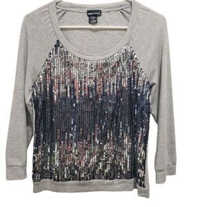 Wet Seal Women's Top M Crop Sleeve Knit Pullover‎ Sequin Sweater Gray M